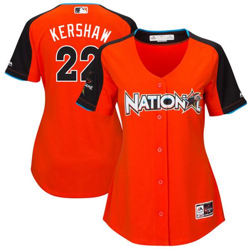 Dodgers #22 Clayton Kershaw Orange All-Star National League Women's Stitched MLB Jersey